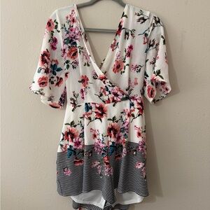 Blue Rain White Floral Wrap Romper with Pink Blossoms